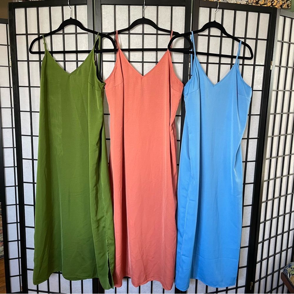 Lot of 3 a new day maxi slip dresses - blue, green, peach - size Large